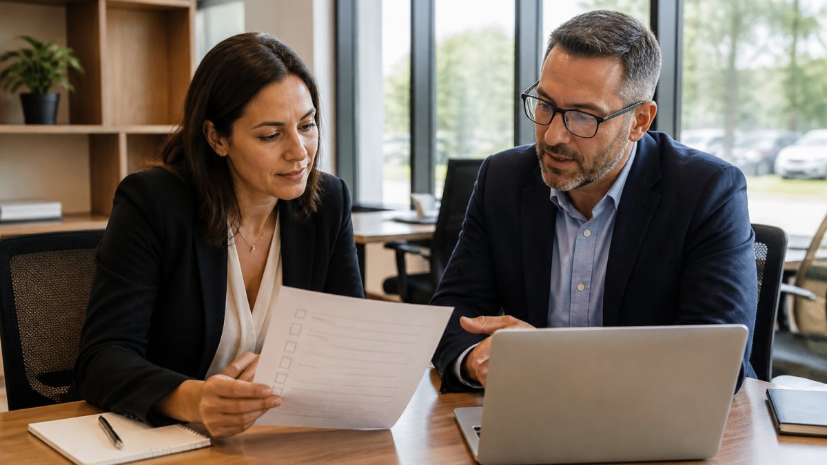 Two business professionals in a bright meeting room reviewing a printed checklist across a table, laptop open between them, natural window light