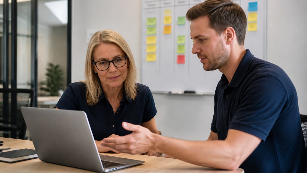 An office manager and IT support consultant reviewing a support ticket dashboard on a laptop in a bright modern office, with a whiteboard showing priority categories in the background