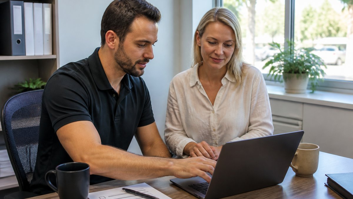 IT consultant and office manager reviewing a managed IT services checklist on a laptop in a bright office.