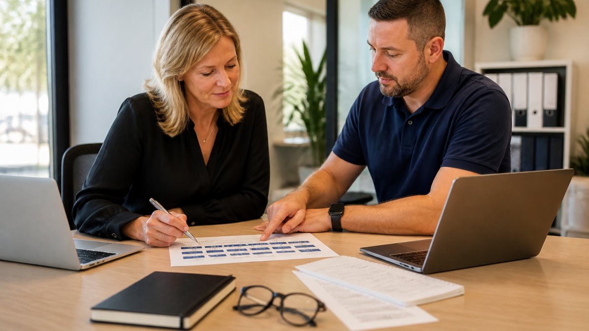 An office manager and an IT consultant reviewing a printed transition timeline at a meeting table in a bright office, laptops open and notes spread out