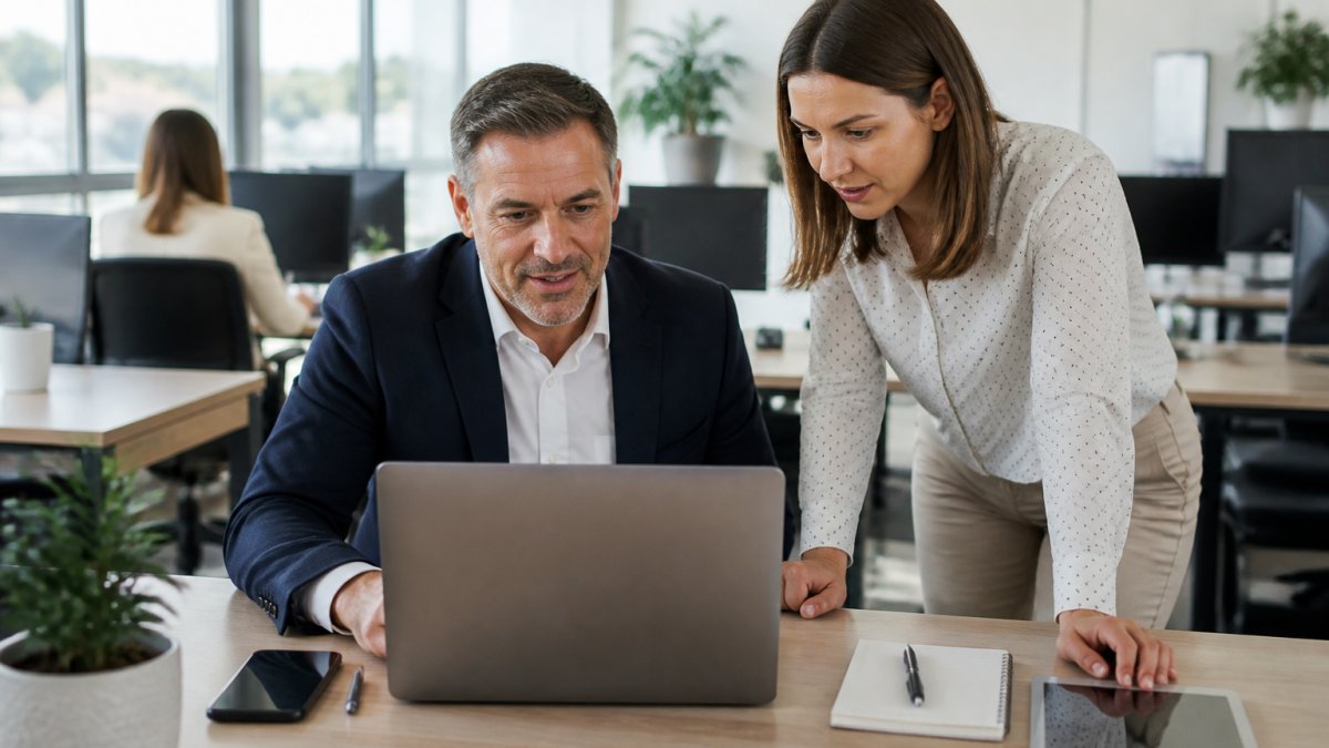 A small business owner and office manager reviewing a laptop screen together in a bright modern office, desktop computers and mobile devices visible on nearby desks, morning light through windows
